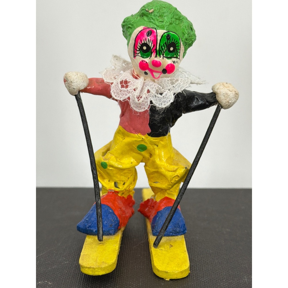 Vtg Mexican Paper Mache Skiing Clown Hand Painted Whimsical Collectible 3"